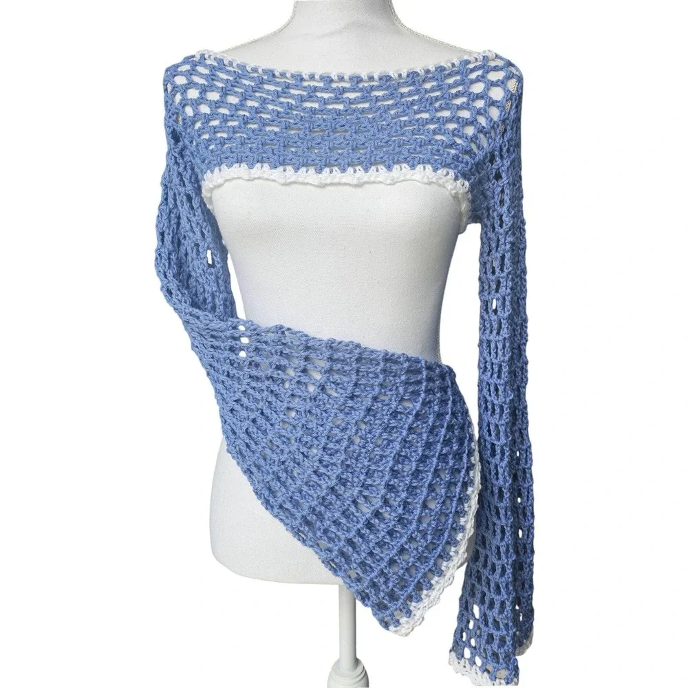 Handmade‎ Crochet Fairycore Shrug | Women | Blue | SM-MED | Boho | Bell Sleeve